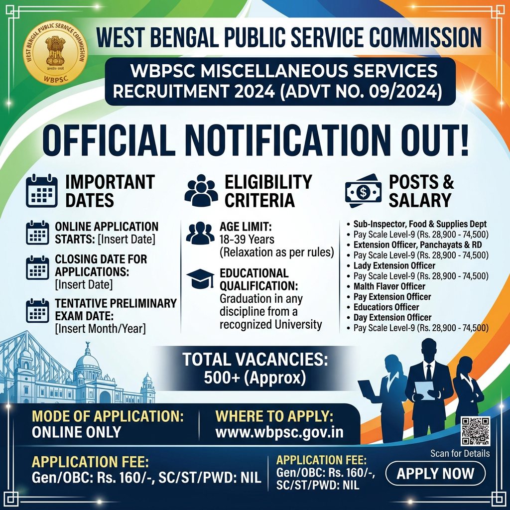 WBPSC recruitment notification for various posts in 2024 with eligibility criteria, application details, and vacancies